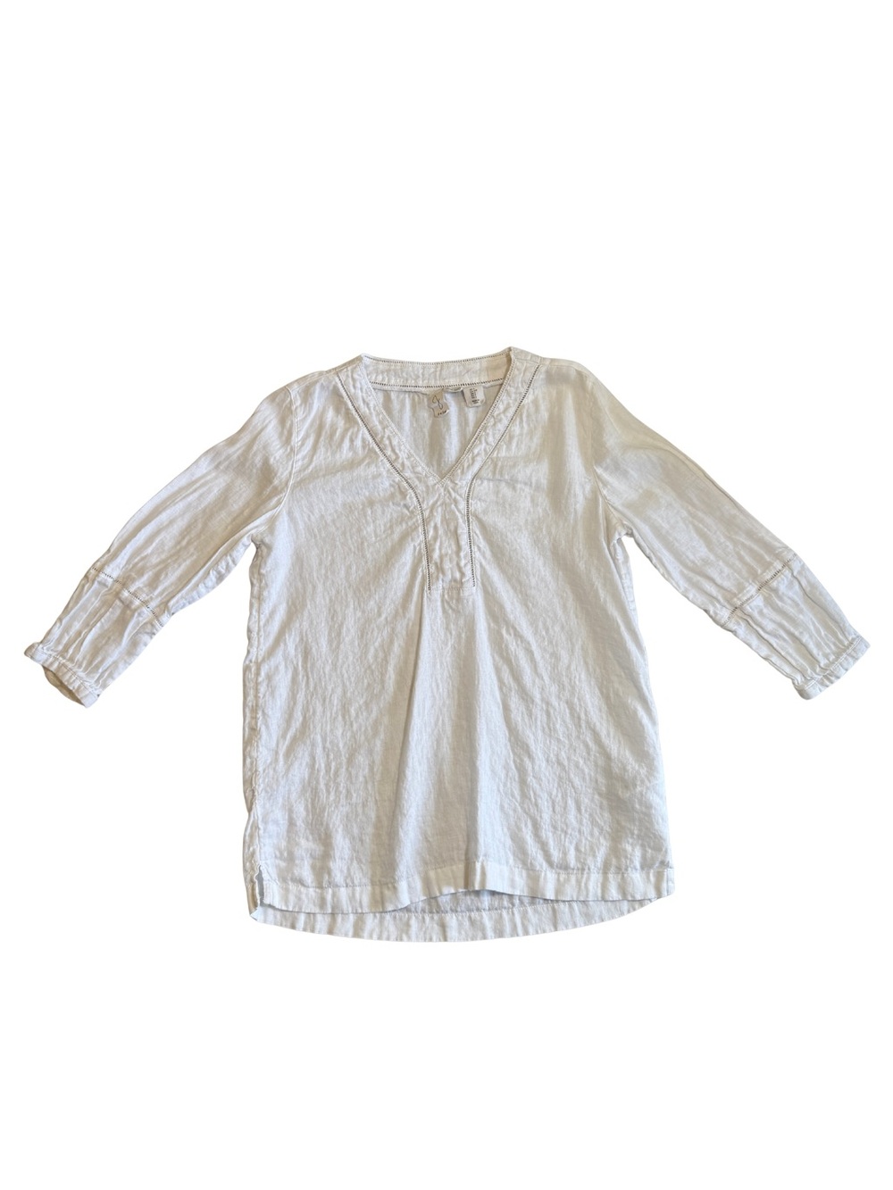 Joie White 100% Linen Tunic Top Small S 3/4 Sleeve Ladder Stitch Boho Lagenlook